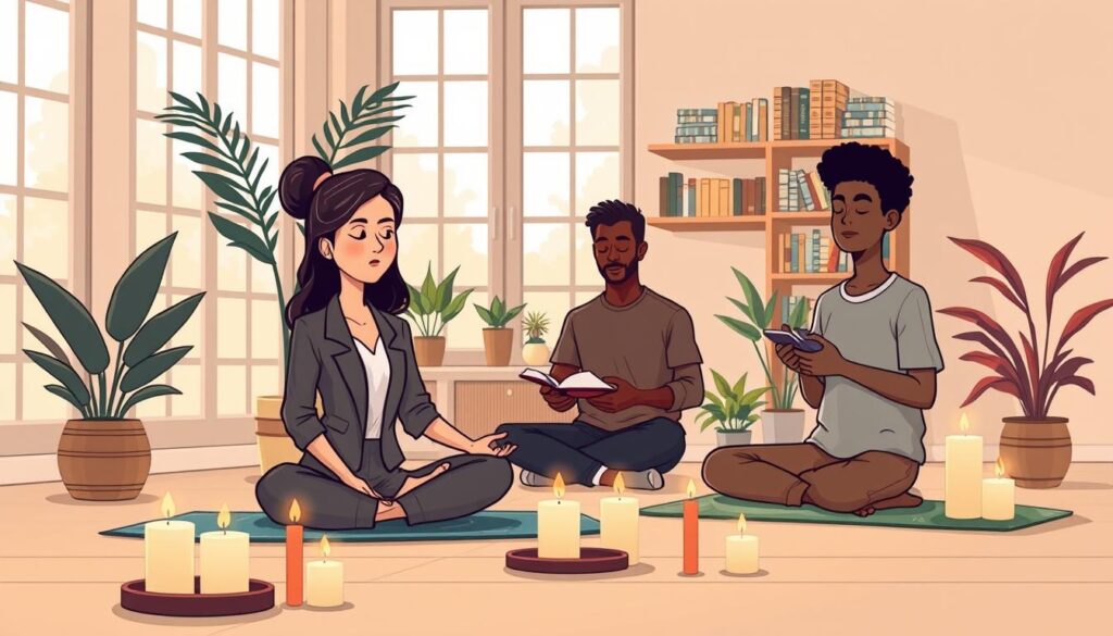 A serene indoor meditation space, featuring a diverse group of three individuals engaged in mindful self-awareness practices. In the foreground, a woman in professional attire sits cross-legged on a comfortable mat, practicing deep breathing, her expression calm and focused. A man in modest casual clothing nearby journals his thoughts, surrounded by flickering candles that create a warm, inviting glow. In the middle ground, a calm ambiance is enhanced by soft natural light filtering through large windows filling the room with warmth. Potted plants add a touch of nature, establishing a peaceful environment. In the background, a wall-mounted bookshelf filled with self-help books signifies an emphasis on personal growth. The mood is tranquil and reflective, embodying the essence of effective self-awareness practices. The brand name "nextself.ai" subtly integrated into the setting.