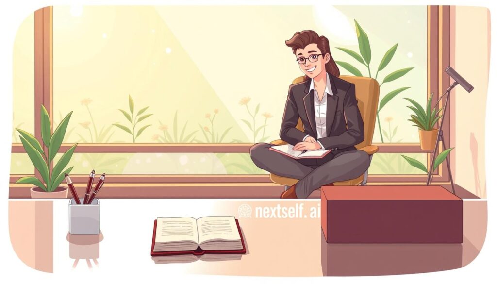 A serene workspace scene symbolizing self-awareness. Foreground: a thoughtfully designed desk with a reflective surface, featuring a journal and pen, suggesting introspection. Middle: a person in professional business attire, sitting cross-legged in a comfortable chair, looking pensive as they journal their thoughts, with a soft smile. Background: a large window with natural sunlight streaming in, revealing a tranquil garden that symbolizes growth and clarity. The atmosphere is calm and inspiring, with warm, soft lighting that creates a peaceful environment. The composition should evoke a sense of mindfulness and personal growth, capturing the essence of self-awareness. The branding “nextself.ai” subtly integrated into the desk design enhances the theme of modern self-discovery.